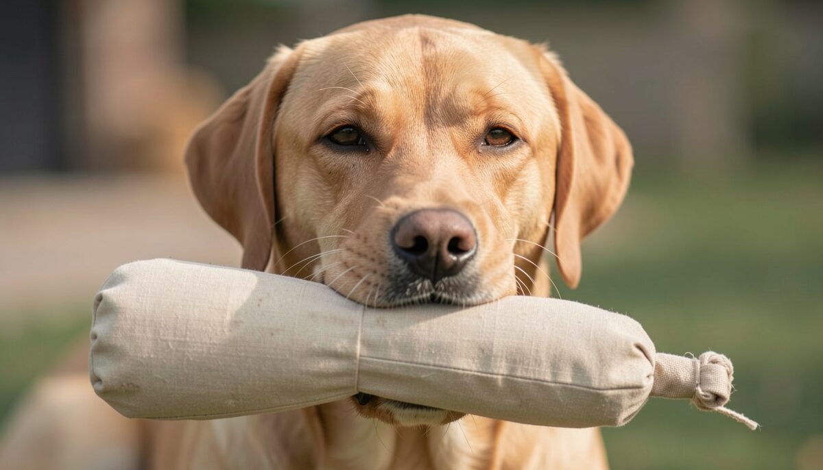 Plan rapproché sur la gueule d'un labrador tenant un dummy de toile avec délicatesse, yeux calmes, main du conducteur qui attend la remise.