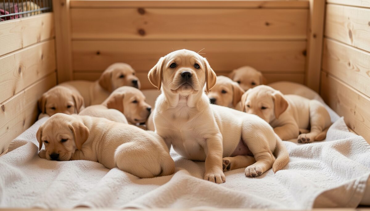 Une portée de jeunes chiots labradors sur des couvertures dans un enclos intérieur chaleureux, lumière douce, un chiot qui regarde vers l'objectif.