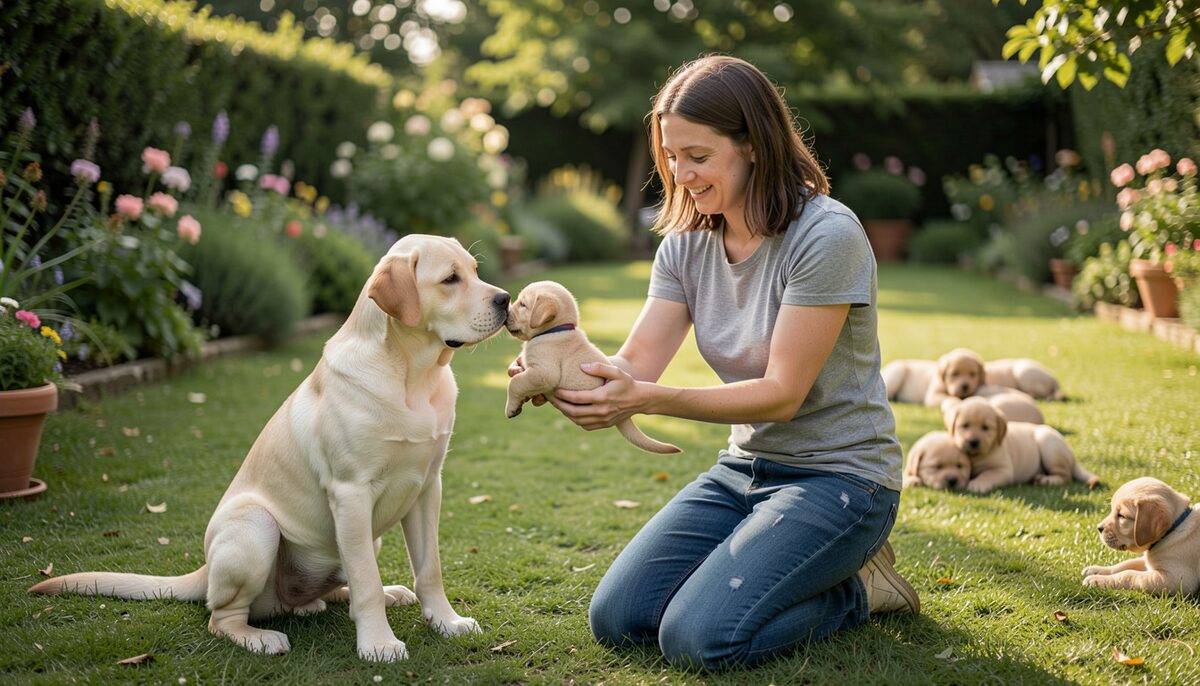 Un éleveur remettant un chiot labrador à une famille dans un jardin, la mère de la portée regardant, autres chiots en arrière-plan.